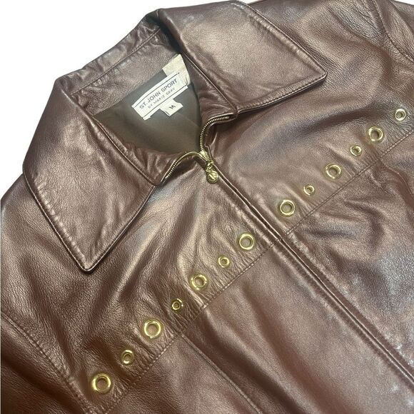 St John Sport Brown & Gold Grommet Detail Y2K 90’s Leather Jacket Size Medium - Picture 5 of 8
